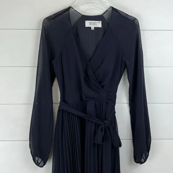 Badgley Mischka Collection Long Sleeve Pleated Wrap Gown Maxi Dress Midnight 4 - Picture 3 of 11